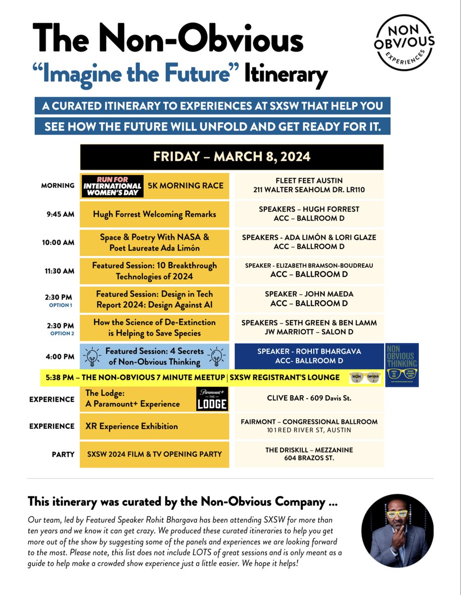 "Imagine the Future" at SXSW with this Non-Obvious Itinerary for Friday - March 8, 2024!

Available for download: nonobvious.com/sxsw 

<a href="/sxsw/">SXSW</a> #SXSW #sxsw24