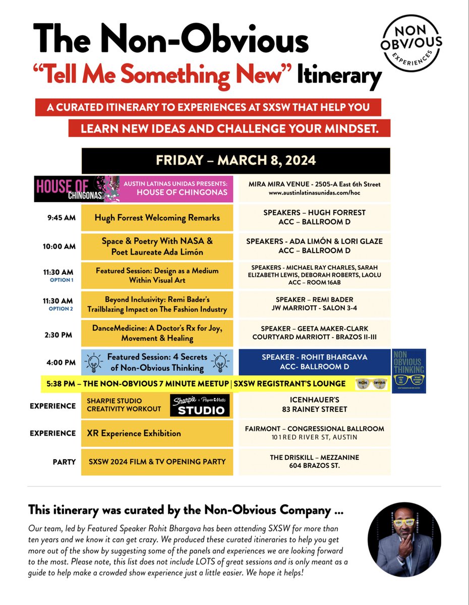 "Tell Me Something New" at SXSW with this Non-Obvious Itinerary for Friday - March 8, 2024!  

Available for download: nonobvious.com/sxsw

<a href="/sxsw/">SXSW</a> #SXSW #sxsw24