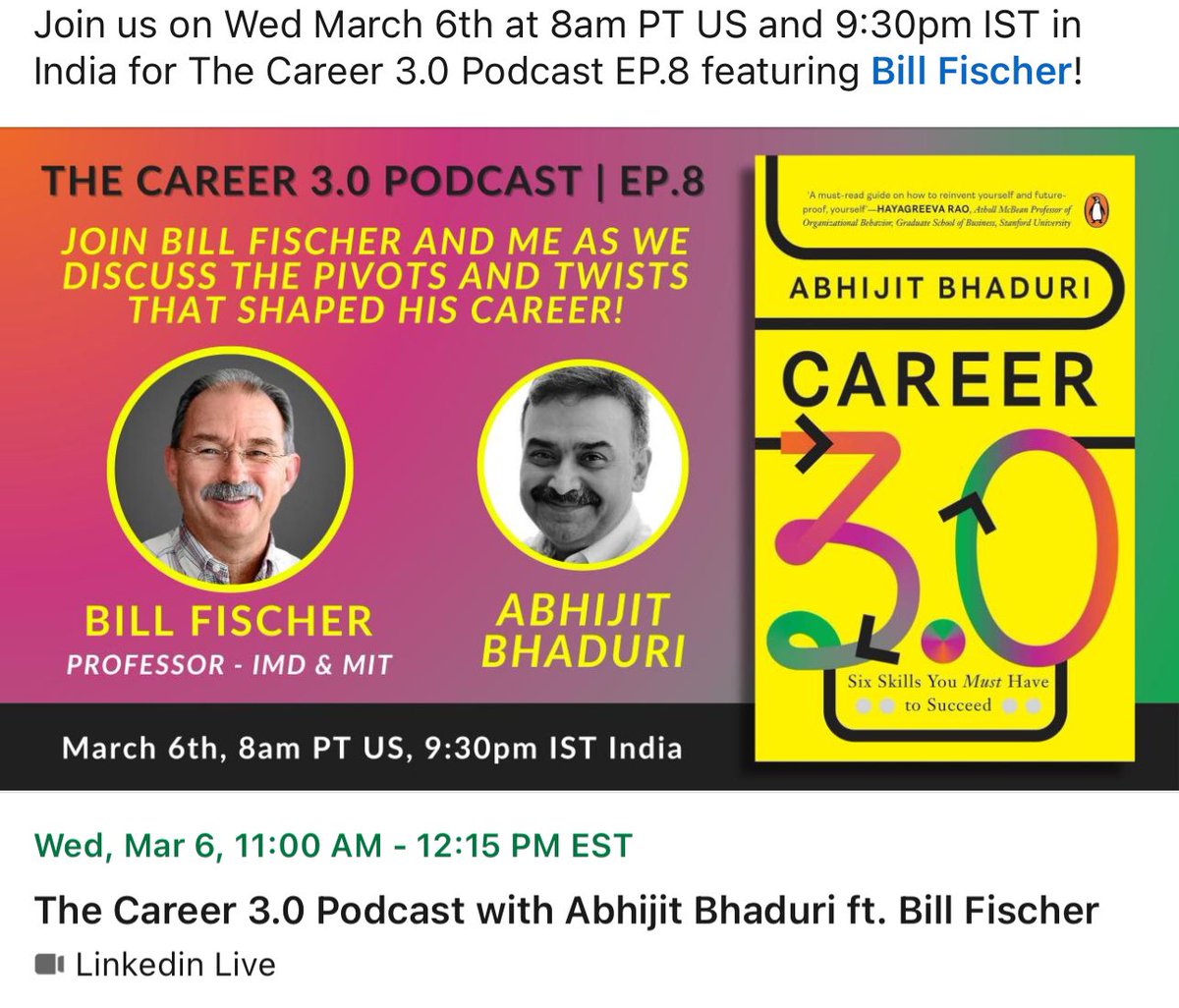 Thinking about how current change could change your life? Join Abhijit Bhaduri & myself, Wednesday, March 8, discussing Career 3.0, and what it means for you and your orgaization.