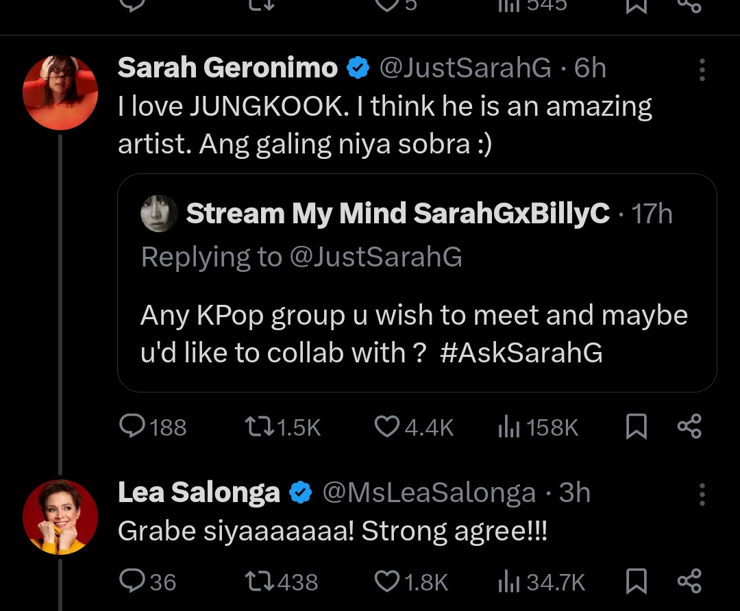 Omg my ashlea heart beats so fast for this 😭😭😭 kailan po real interaction nyo pls concert naman Po Jan oh @JustSarahG  @MsLeaSalonga  #AskSarahG #AskLeaSalonga