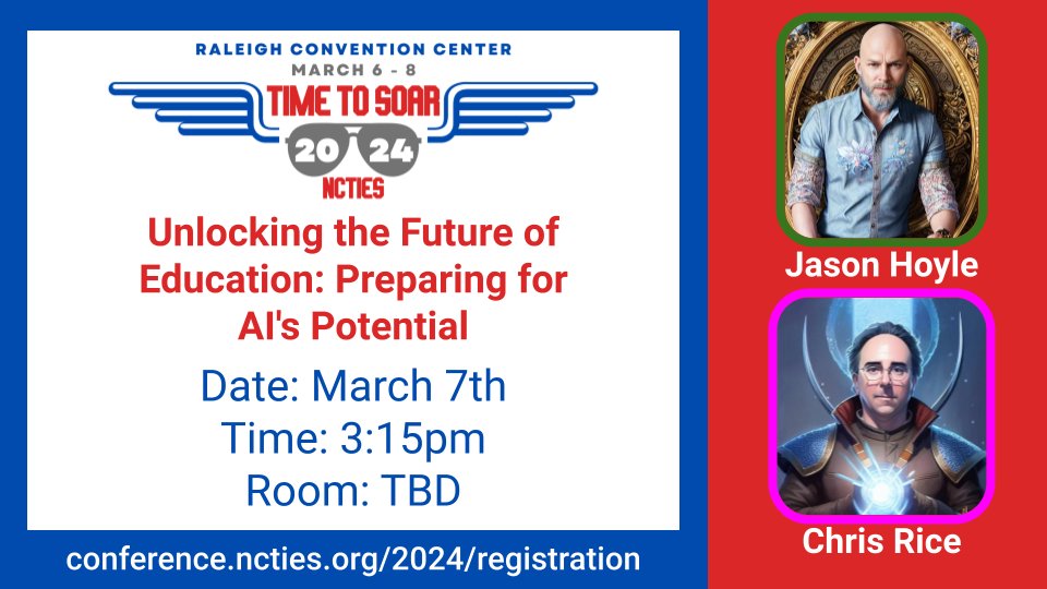 RiceTeacher's tweet photo. I'm presenting at #NCTIES24 with Jason Hoyle @hoyle_jc on AI in the Classroom!  Come see some cool ways to use AI to save you time and inspire students! @hickoryschools https://t.co/h9xqVnNHOI