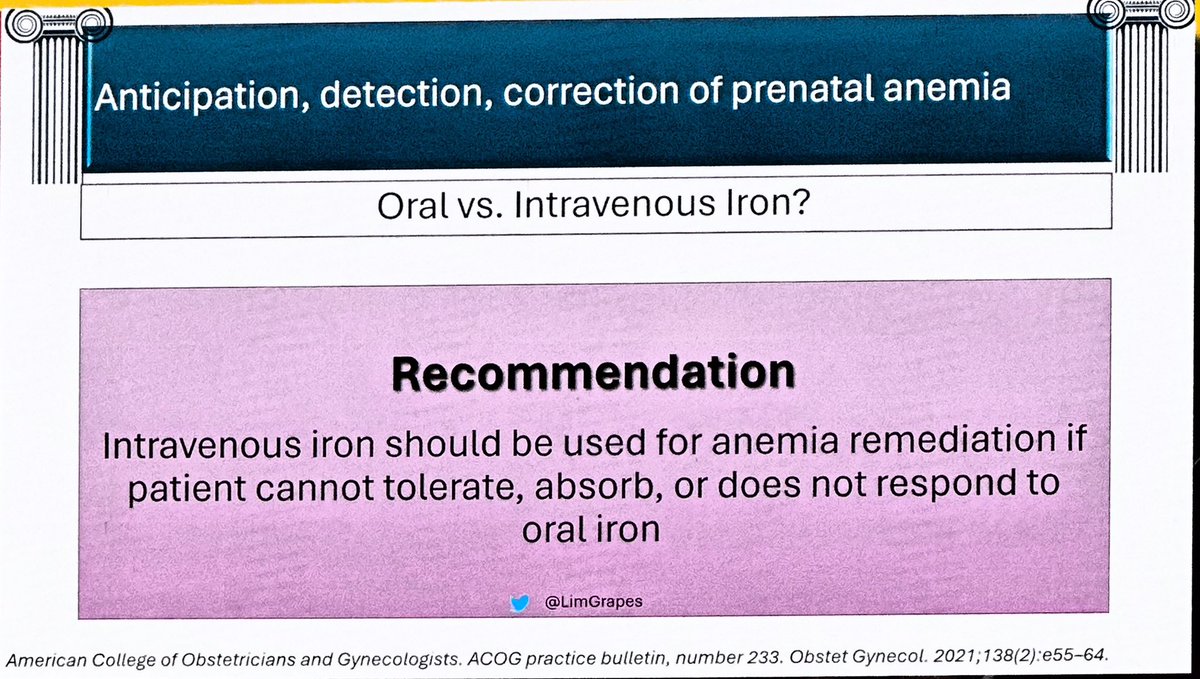 Anticipation, prevention, and optimization of PPH pillars from @LimGrapes #WCA2024 #WCASingapore Anticipate and treat anemia - Iron PO or IV