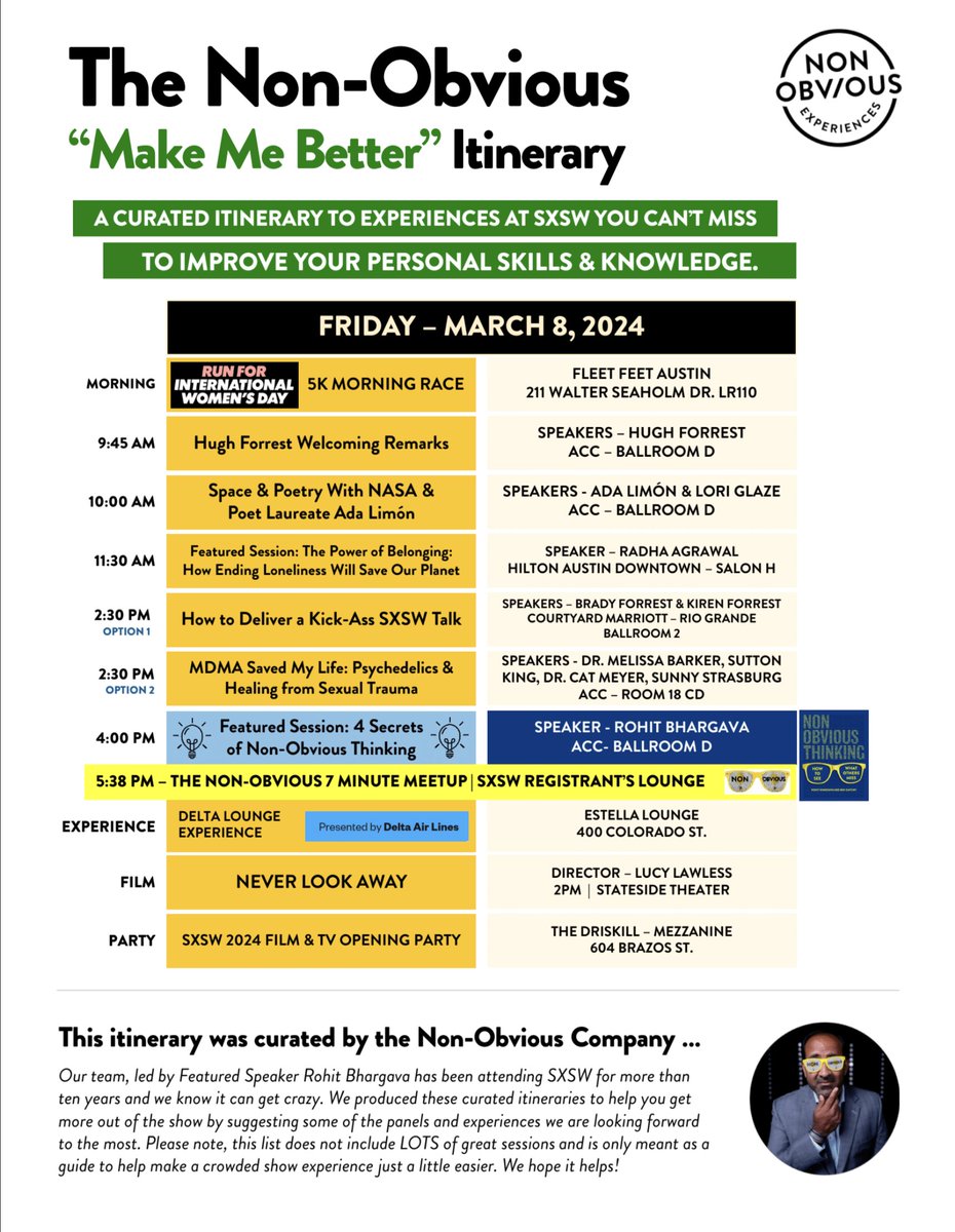 "Make Me Better" at SXSW with this Non-Obvious Itinerary for Friday - March 8, 2024!    

Available for download: nonobvious.com/sxsw

<a href="/sxsw/">SXSW</a> #SXSW #sxsw24