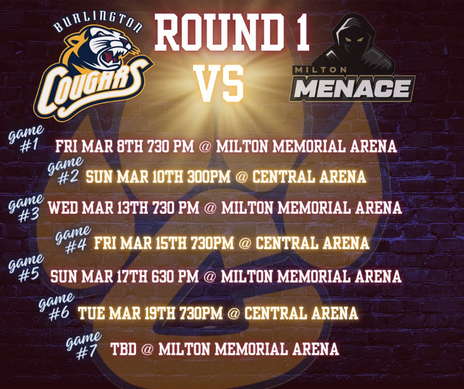 ROUND 1 PLAYOFF SCHEDULE! Join us as we face
@menaceOJHL starting this Fri March 8th 730pm puck drop @ Milton Memorial Arena. #gocougsgo