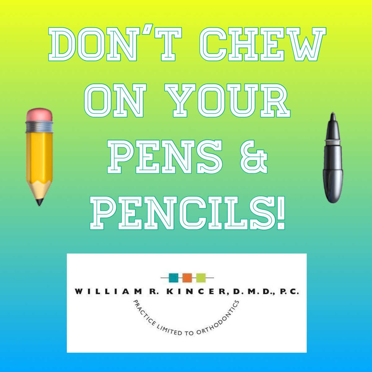 Chewing on pens and pencils can damage your teeth and pop a bracket! Don't do it! 🚫 ✏️🚫🖊️🚫 #KincerOrthodontics #TuesdayTip #DrKincer #Braces