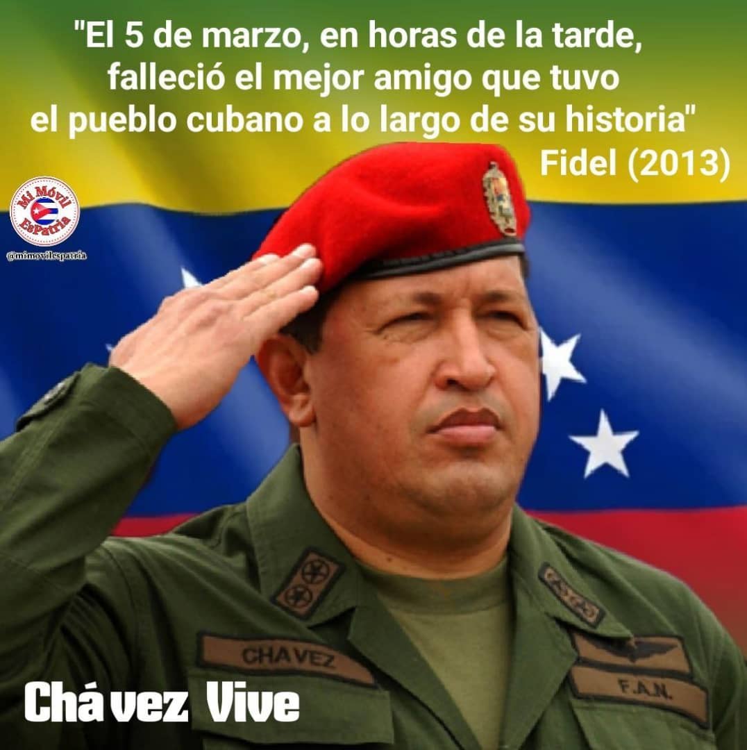 UJCdeCuba's tweet photo. A Hugo Chávez Frías se le cultiva en el corazón de los bolivarianos, de los cubanos y de la América Nuestra, lugar especial para dar continuidad, desde la lucha sin tregua, a la #Revolución continuadora con raíces en #Bolívar y #Martí, de la que es uno de sus artífices
#Cuba #UJC https://t.co/3xNJs2ZopA