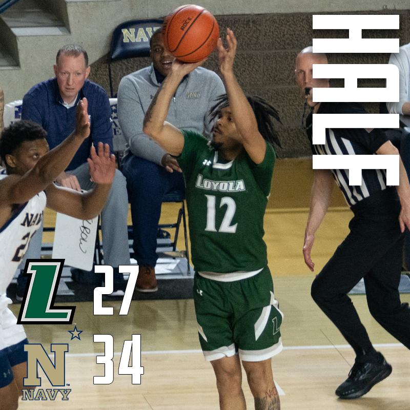 Half: Navy 34, @LoyolaHounds 27 Perry with three 3-pointers in the last five minutes of the half (4 total) to lead the Hounds with 12 points. Faure with 7 points, Dike with 6 rebounds. #gohounds | #patriotmbb | @Patriot_Gameday