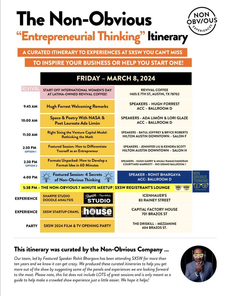 Experience "Entrepreneurial Thinking" at SXSW with this Non-Obvious Itinerary for Friday - March 8, 2024!      

Available for download: nonobvious.com/sxsw

<a href="/sxsw/">SXSW</a> #SXSW #sxsw24