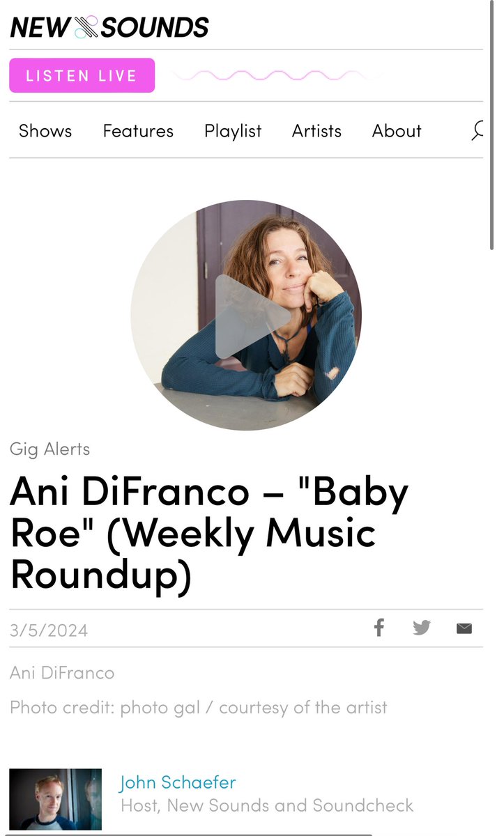 Shoutout to @WNYC @newsounds and host John Schaefer for featuring Baby Roe in their Weekly Music Roundup: Read + Listen here: newsounds.org/story/ani-difr…