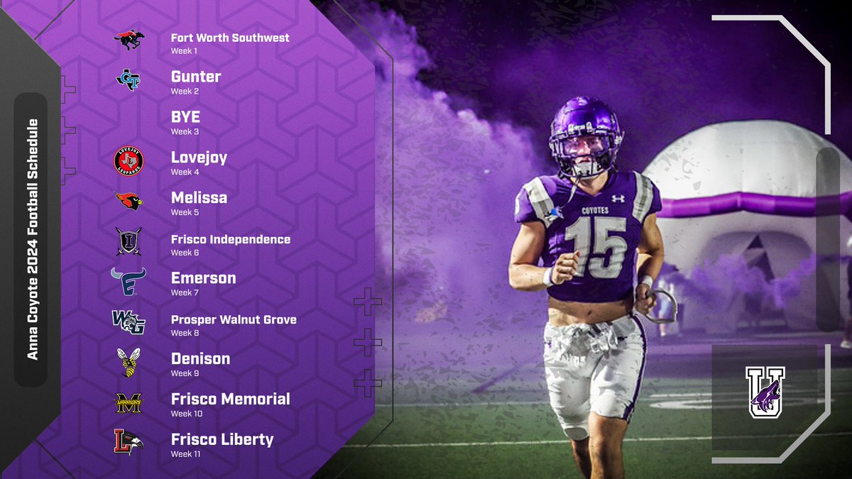 First release of the 2024 Anna Coyote Football schedule. Week one games begin Aug 29/30 Specific varsity dates (Thurs or Fri) and kick-off times will be released once confirmed. #CU