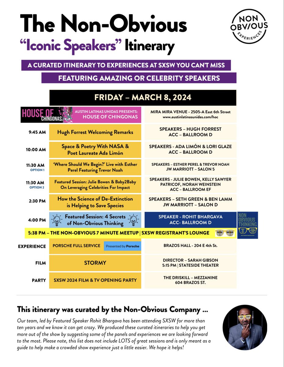 Enjoy "Iconic Speakers" at SXSW with this Non-Obvious Itinerary for Friday - March 8, 2024!        

Available for download: nonobvious.com/sxsw

<a href="/sxsw/">SXSW</a> #SXSW #sxsw24