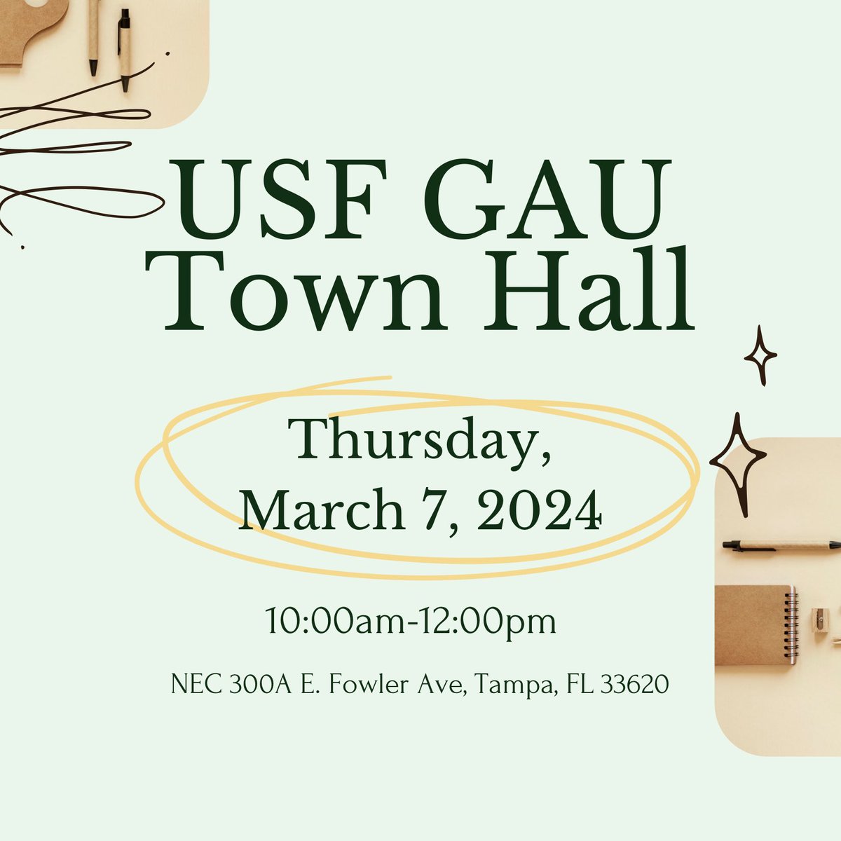 USFGAU's tweet photo. Hey GAs!
๐
Do you have questions? Concerns? Weโve got answers! Come to our #USFGAU Town Hall on Thursday, March 7, from 10am-12pm to voice your concerns, ask your questions, and get updates on our SOI Card and Membership numbers. We hope to see you there! https://t.co/GpSVCXGWQN