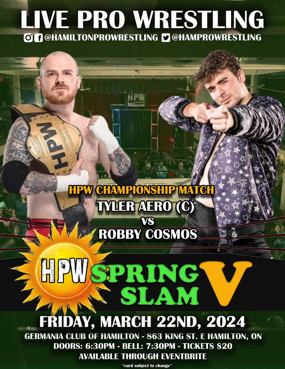 🚨Match Announcement🚨 HPW Championship Tyler Aero (c) vs Robby Cosmos eventbrite.com/e/hamilton-pro… First time ever 1 on 1 match up! Tyler Aero is the first ever x2 HPW Champion, & in his first defence, he certainly has his work cut out for him in the 'Celestial Sniper' Robby Cosmos