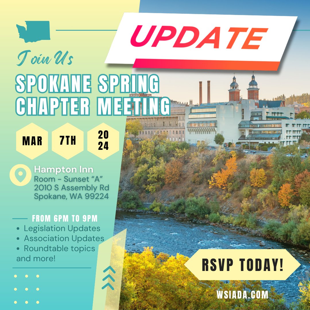 WSIADA's tweet photo. We announced the Spokane Spring Chapter Meeting coming up this Thursday March 7th, and originally stated it would be at the Hilton Garden Inn. We had to move the location to the Hampton Inn at the last moment, unfortunately.

We still look forward to seeing you there! 🥹 https://t.co/TraWfyULpW