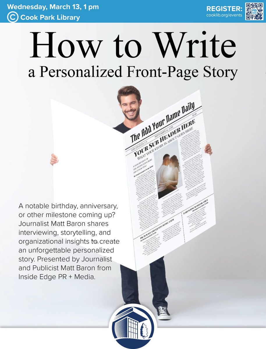 InsideEdge's tweet image. Next Wednesday afternoon (March 13th), my free workshop on `How to Write a Personalized Front-Page Story' starts at 1 p.m. at Cook Park Library in Libertyville. 

To register: cooklib.libnet.info/event/9552740

#storytelling #personalmemoir #personalstory