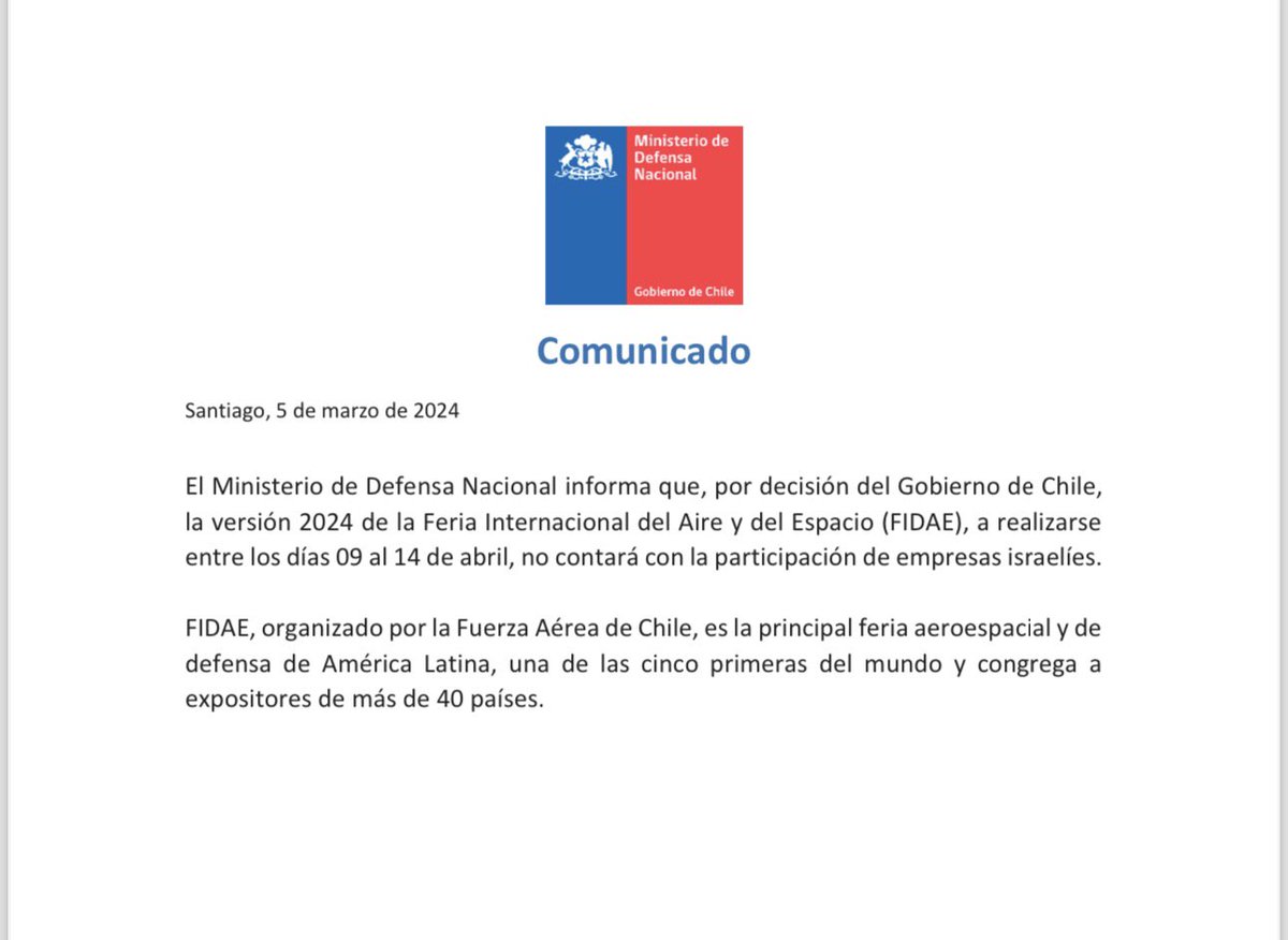 andres20ad's tweet photo. La decisión del gobierno de excluir de la FIDAE a empresas armamentistas de Israel, no es una decisión política, es HUMANA. Chile dice NO a un Estado genocida como Israel que está cometiendo un holocausto contra un pueblo indefenso, con la complicidad de EEUU y sus aliados. https://t.co/Qo1PiziyhD