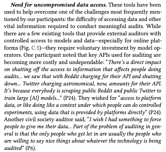 One of the biggest lessons learnt after our study on AI audit tooling (arxiv.org/abs/2402.17861) was how serious a pain point adequate model & data access continues to be. I signed this letter bc building the tech infra is not enough - we'll need policy interventions as well!