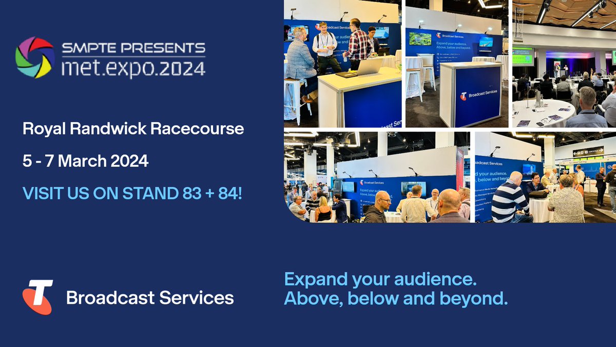 Expand your audience with TBS 📈 🌏🌎🌍 ⬆ Above 🌐 ⬇ Below 🌊 ➡ Beyond 📡🛰 Find out how by talking to us at SMPTE METexpo 2024! 📍 Randwick Racecourse, Kensington Room, Stand 83 + 84 #TelstraBroadcastServices #SMPTEMETexpo24 #metexpo24 @SMPTE_Australia