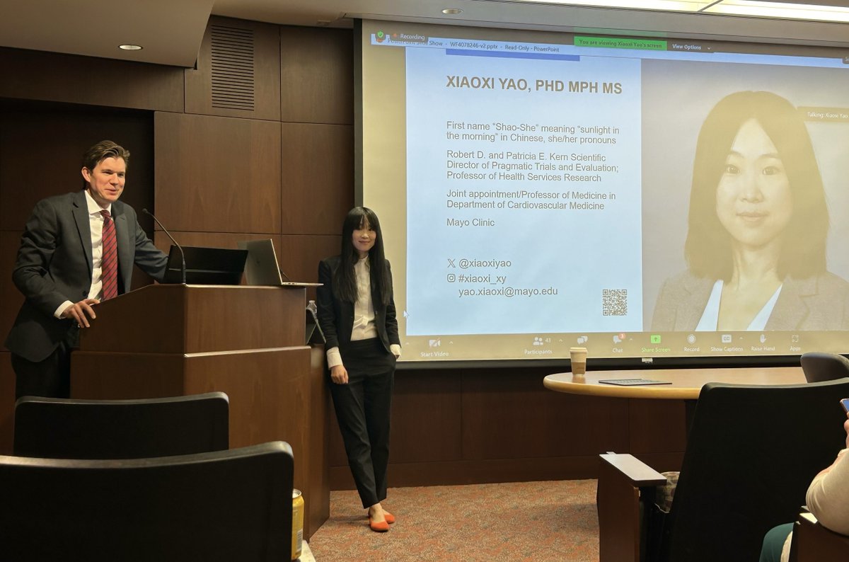 Xiaoxi Yao (@xiaoxiyao) on Twitter photo Gave a grand round today on framework of AI evaluation in routine practice. Thank my friend <a href="/noseworthypeter/">Peter Noseworthy, MD</a> for moderating the talk and answering some of the questions. Everything gets smarter with you being there. Thank my other good friend Emma Behnken for taking the photo Gave a grand round today on framework of AI evaluation in routine practice. Thank my friend <a href="/noseworthypeter/">Peter Noseworthy, MD</a> for moderating the talk and answering some of the questions. Everything gets smarter with you being there. Thank my other good friend Emma Behnken for taking the photo