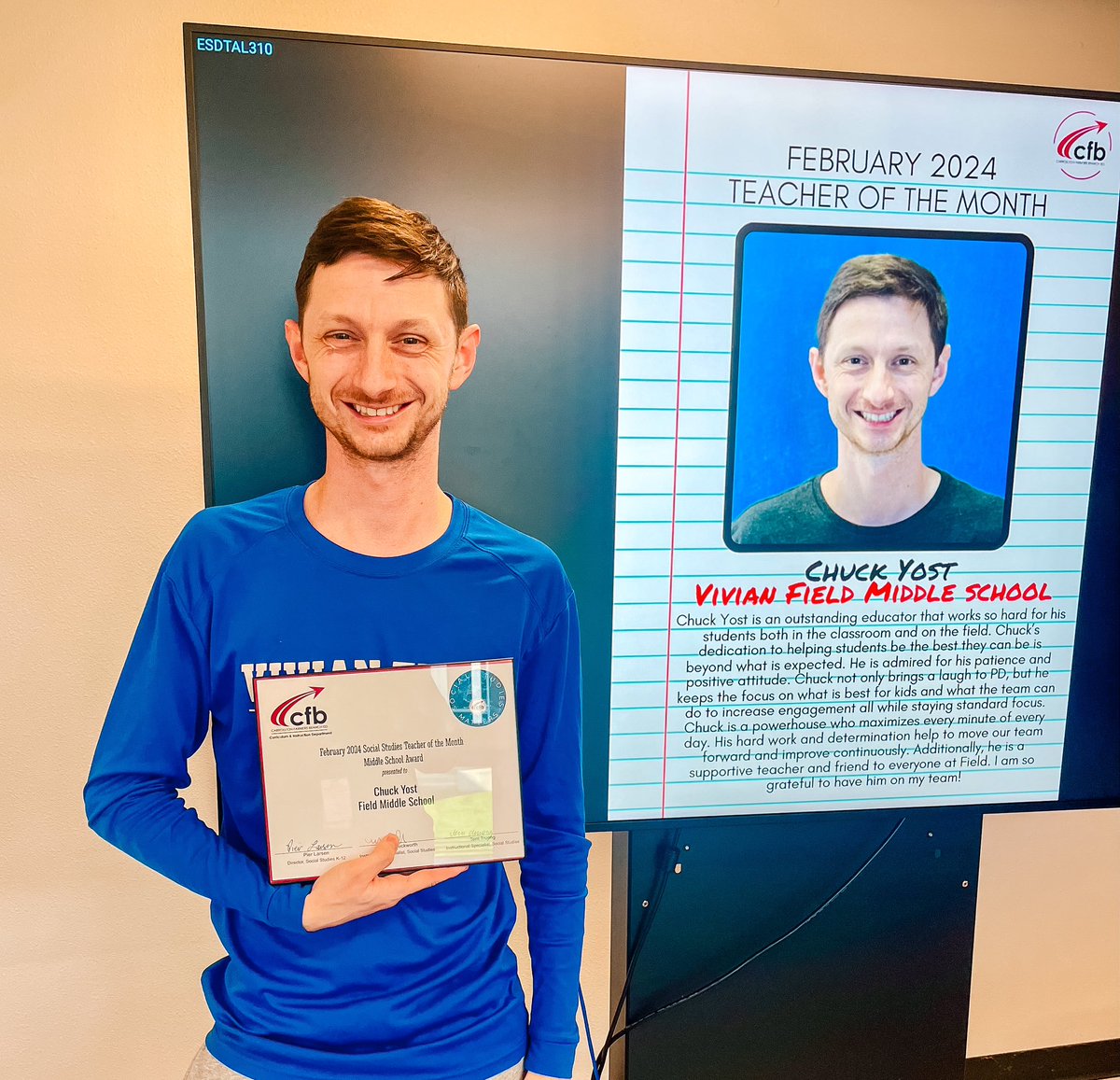 Hey Vikings! Help us congratulate Coach Yost on winning Social Studies Teacher of the Month! Coach Yost is an amazing educator both in the classroom and  on the field 🙌🏼 Way to #rowtheboat for our students, Coach! #cfbproud #fearlessfamily #teacherofthemonth <a href="/CFBISD/">Carrollton-Farmers Branch ISD</a> @TheJRHughes