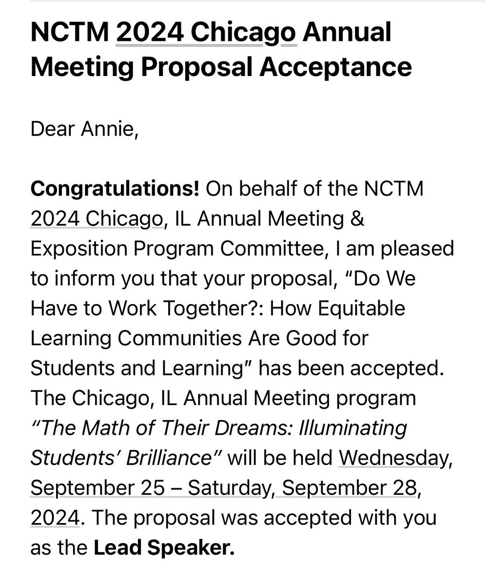 Yay! Excited that @NCTM Annual will be here in Chicago and my proposal to speak was accepted! 🎉