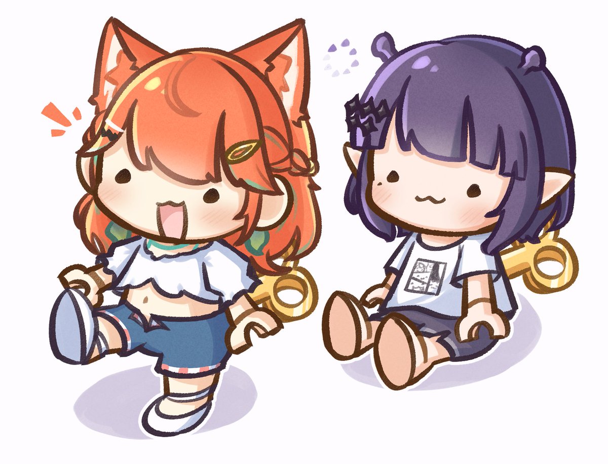ninomae ina'nis ,takanashi kiara multiple girls 2girls animal ears chibi orange hair cat ears purple hair  illustration images