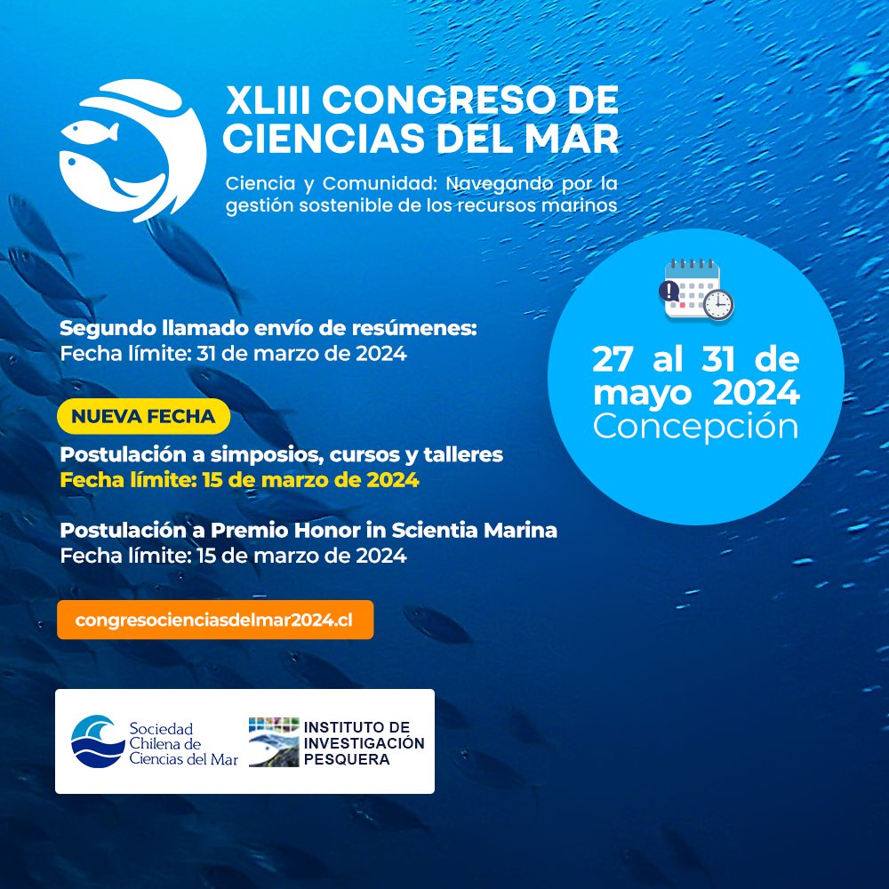 XLIII Congreso de Ciencias del Mar 2024 (@congresocsmar) on Twitter photo Hola a tod@s, les informamos que la postulación para realizar simposios, cursos y talleres ha sido ampliado al 15 de marzo de 2024. Esperamos recibir sus iniciativa.
La <a href="/schcmar/">Sociedad Chilena Ciencias del Mar</a> está recibiendo las propuestas para el Premio Honor in Scientia Marina hasta el 15 de marzo de 2024. Hola a tod@s, les informamos que la postulación para realizar simposios, cursos y talleres ha sido ampliado al 15 de marzo de 2024. Esperamos recibir sus iniciativa.
La <a href="/schcmar/">Sociedad Chilena Ciencias del Mar</a> está recibiendo las propuestas para el Premio Honor in Scientia Marina hasta el 15 de marzo de 2024.