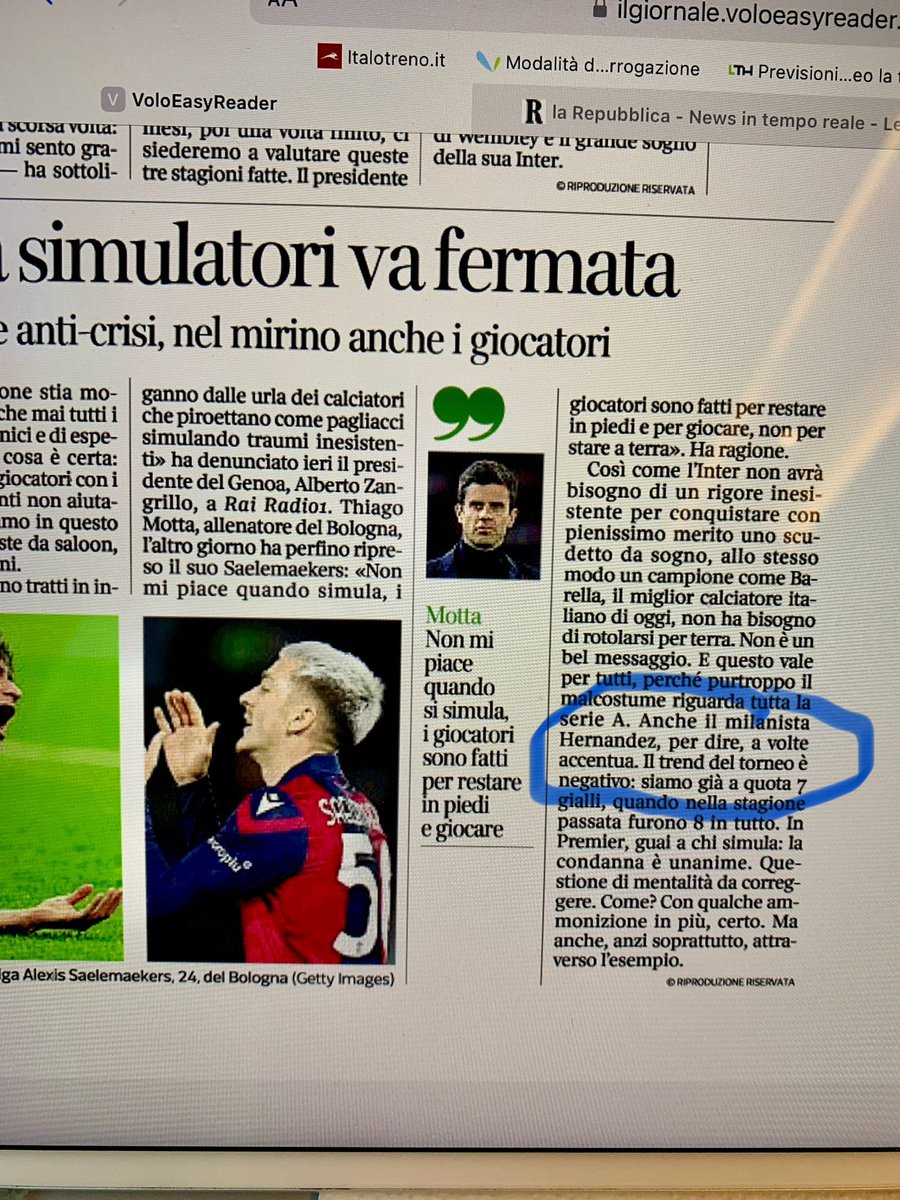 Per il <a href="/Corriere/">Corriere della Sera</a> si butta Barella, ma bisognerebbe ammonire anche Theo, non sia mai che si offenda qualche interista