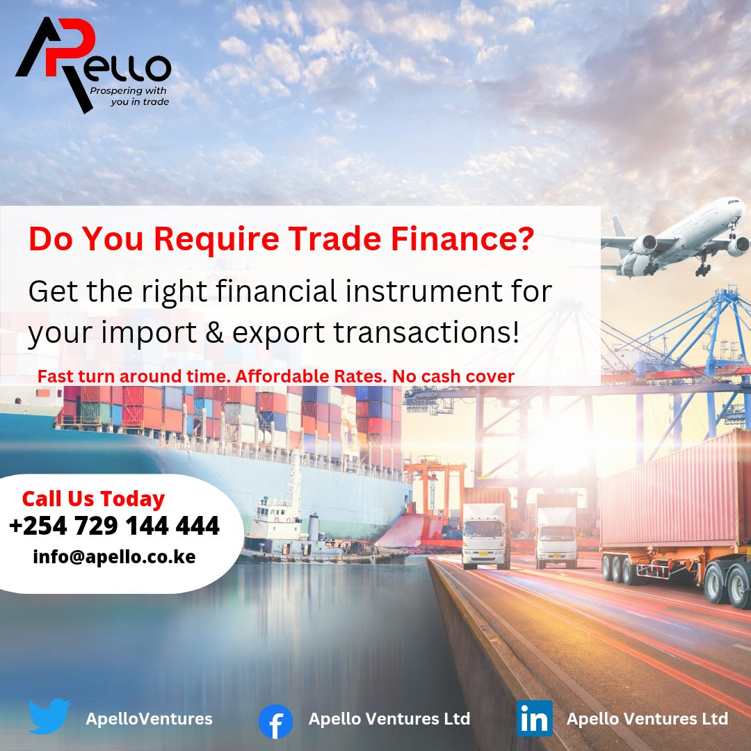 ApelloVentures's tweet image. Contact us to get  the right financial instrument for your import and export transactions #ImportExportFinance #TradeFinanceSolutions #GlobalTradeServices #FinancialInstruments #ImportExportAdvisors #TradeFinanceExperts #ImportExportAdvisory #CrossBorderTrade