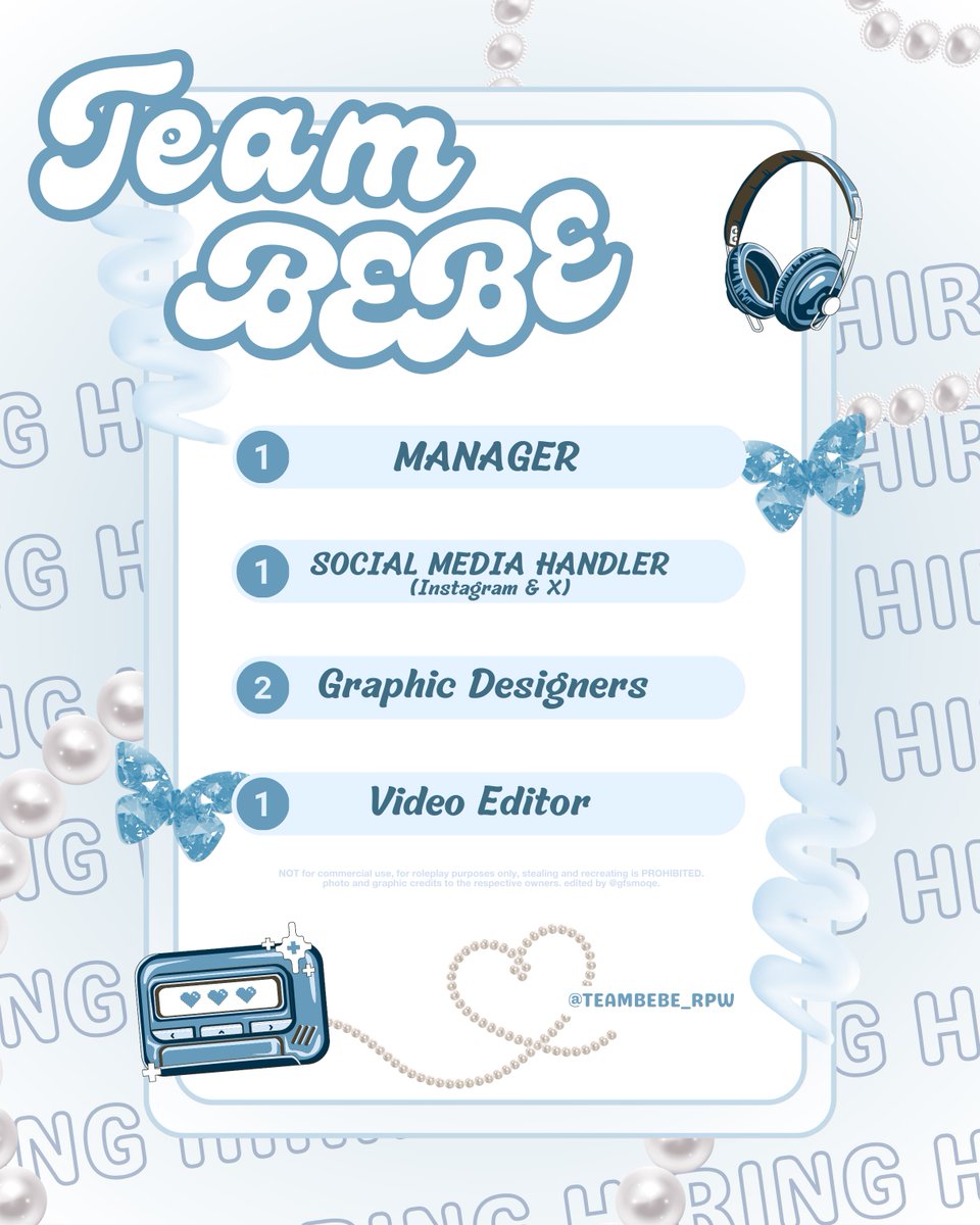 teambebe_rpw's tweet image. ⠀ 
【 #TEAMBEBE_RPW: HIRING 】 

BEBE’s looking for talented individuals to complete our management team. Send us a DM if interested in the format: 

[SUBJECT: BEBE MGMT APPLICATION] 
(1) Name
(2) Position (applying for)
(3) Username

★ Portfolio(s) are optional. 감사합니다!
⠀