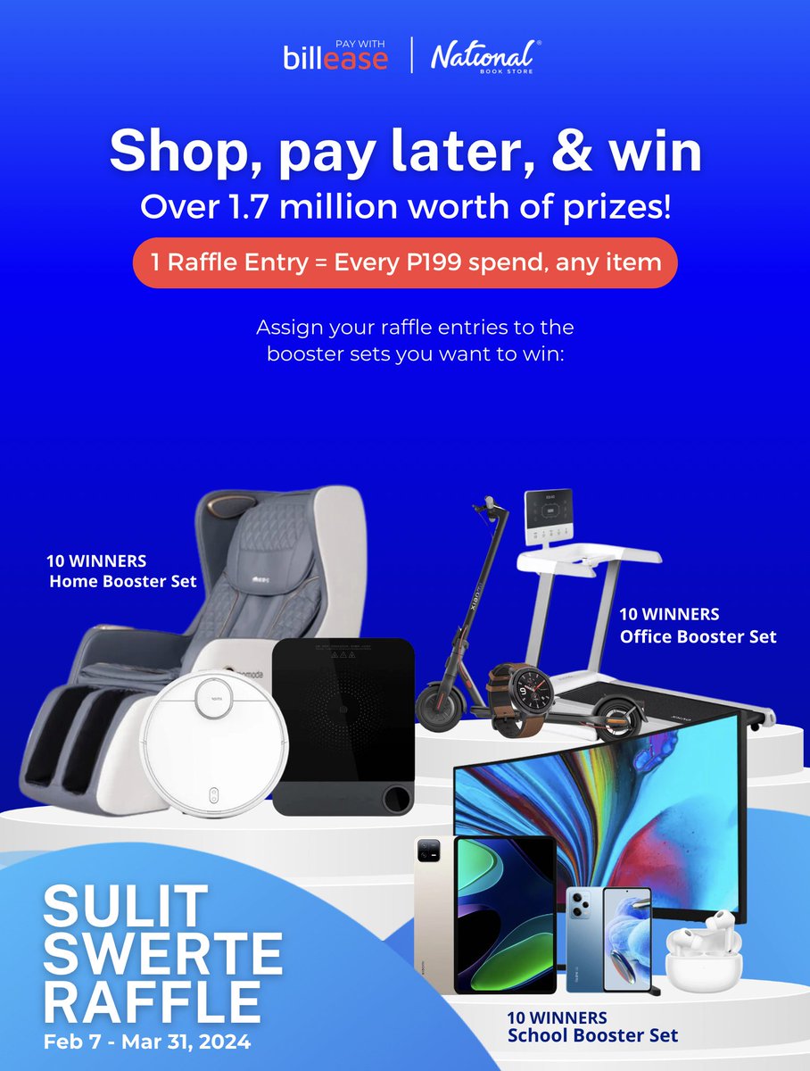nbsalert's tweet photo. Shop with BillEase at #NationalBookStore branches nationwide and get more entries for the Sulit Swerte Raffle!
Every β±199 spend = 1 raffle entry. Choose from 3 booster sets; over β±1.7 million worth of prizes are up for grabs.
#BillEase #Raffle #RafflePH #SulitSaNBS https://t.co/PzpIaHYazN