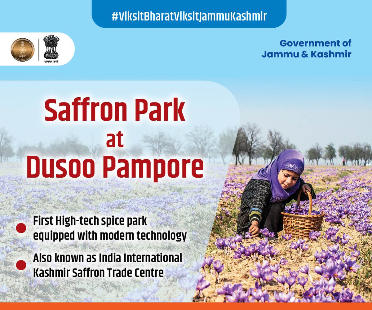 People of J&K wholeheartedly welcome PM Sh. Narendra Modi for promoting Saffron at International level ! The high-tech Spice Park, aka India International Kashmir Saffron Trade Centre (IIKSTC), in Dusoo, Pampore, is a game-changer. With modern facilities and training, it boosts…