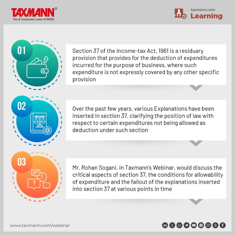 taxmannindia's tweet photo. #IncomeTaxAct
Join #TaxmannWebinar | Critical Analysis of Section 37 of the Income-tax Act with Case Studies
📅 14th March 2024 (Thursday) | 🕒 5:00 PM – 6:00 PM (IST)
💻 Register Now! https://t.co/WuFSFTv9n9
📢 Speaker:
• Rohan Sogani
#TaxmannUpdates #Section37 #CSR