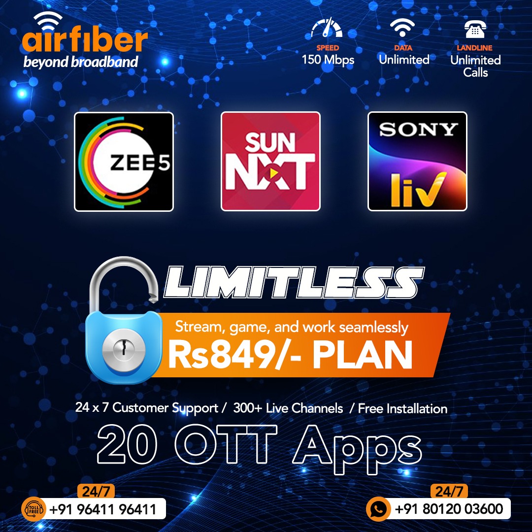 Unlock endless possibilities with our 849 plan..!!

Airfiber Broadband in Hosur !!

#Hosur | #InternetService | #FastInternetSpeed | #Airfiber | #smartservice | #Offer | #NewLaunch | #24HoursSupport | #SunNXT | #ZEE5 | #SonyLIV | #OTT|  #849plan | #limitless | #game | #work