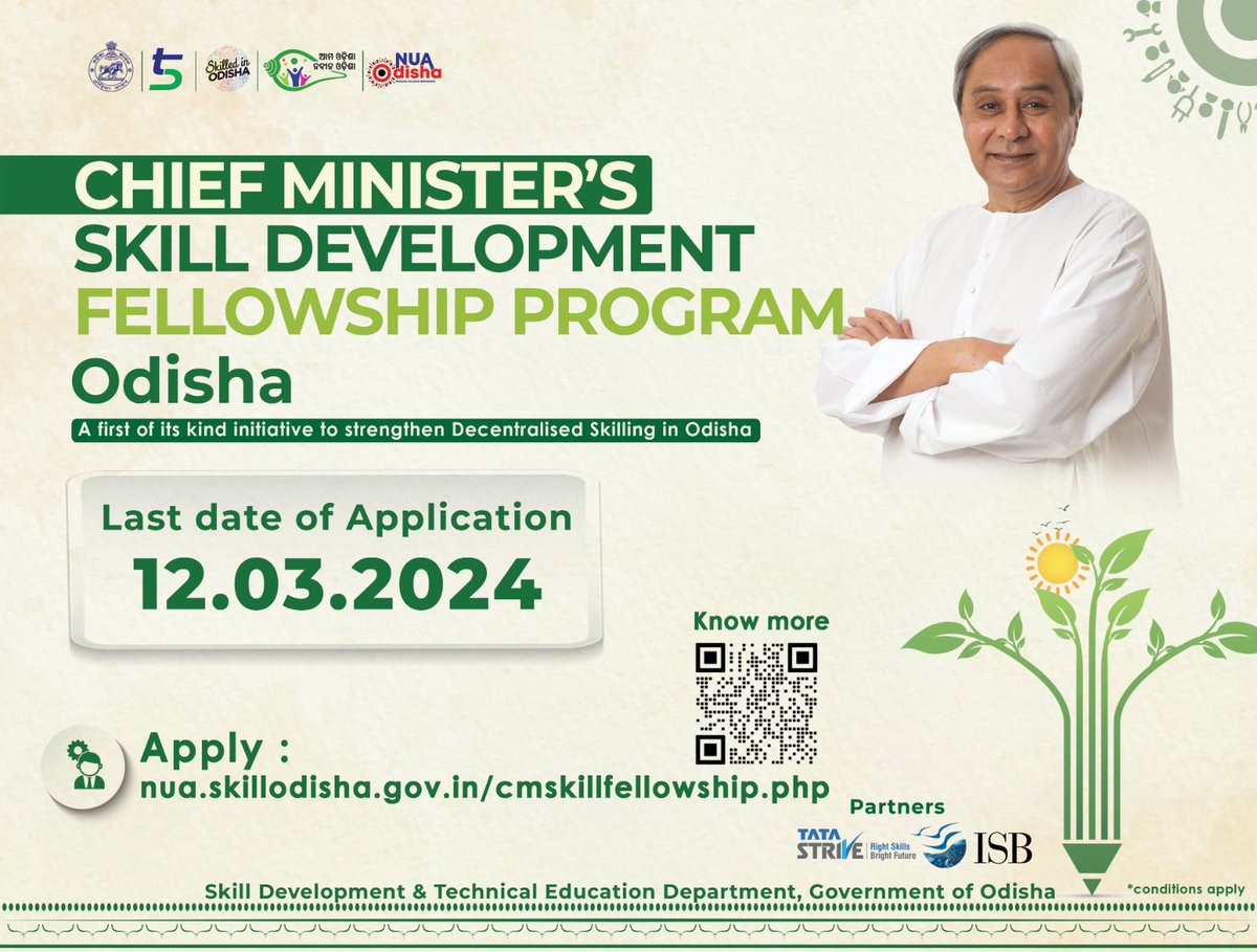 Elevate your impact in #Odisha's #transformation! Join the pioneering Chief Minister’s Skill Development Fellowship Program. Be at the forefront of #SkilledInOdisha initiative, shaping futures at the district level under #NUAOdisha. Register now: nua.skillodisha.gov.in/cmskillfellows…