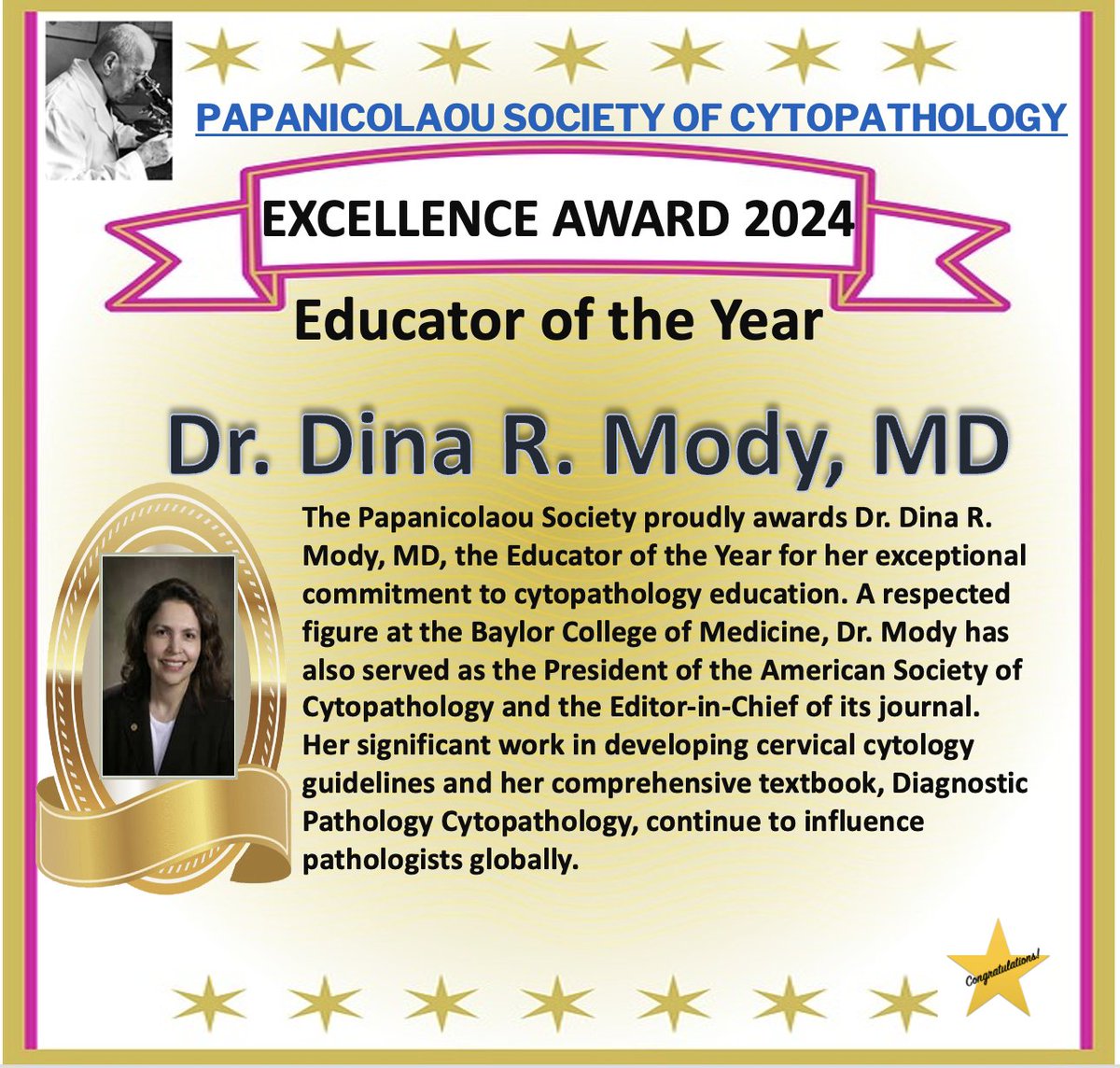 Congrats to Dr. Dina Mody for the @PapSociety Educator of the Year Award! Your dedication to cytopathology education is truly inspiring. @IACytology @britishcytology @aakasharmand @Baskotacytopath @PoonamVohra3 @sam_albadri @JudyShi8 @binnuronal @ekhanafshar @conniechenMD