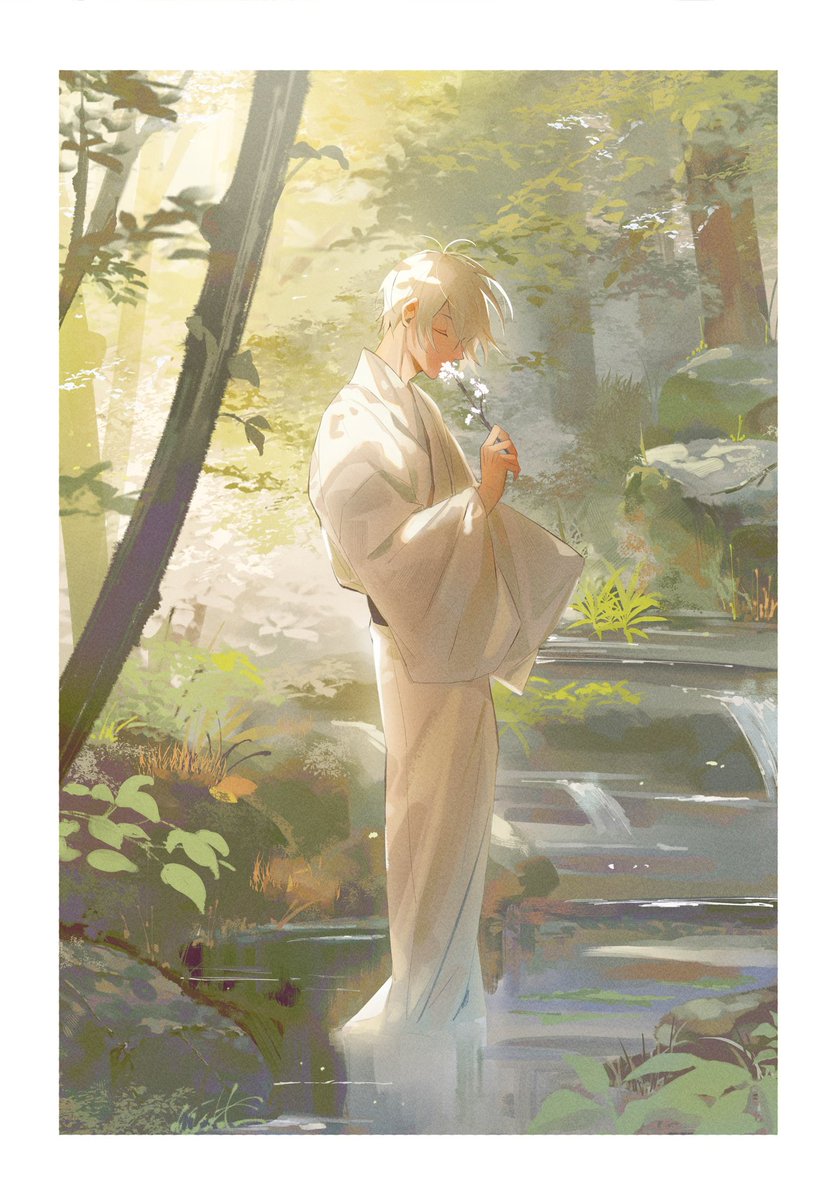 holding flower 1boy male focus solo flower japanese clothes holding  illustration images