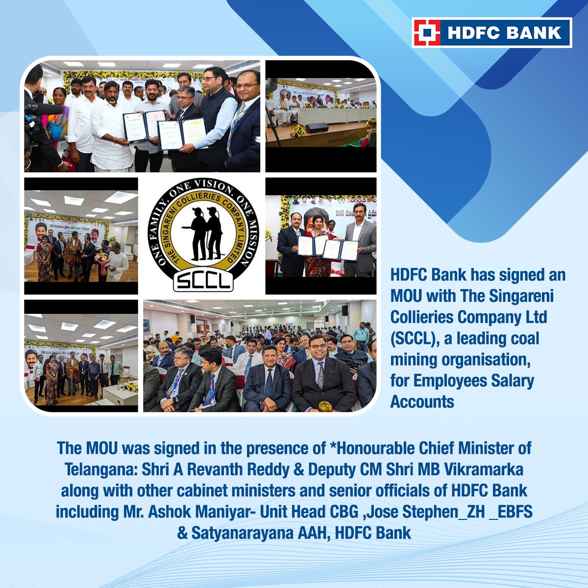 HDFC Bank inks pact with The Singareni Collieries Company Ltd. (SCCL) #HDFCBank #News #MOU #SCCL