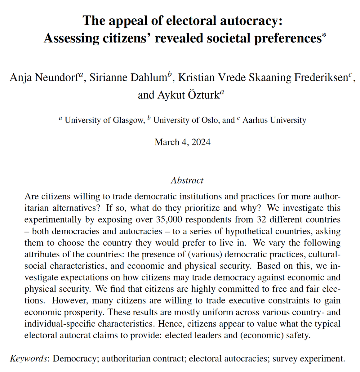 🚨New working paper: Based on a conjoint experiment from 32 countries, citizens - quite uniformly - value what the typical electoral autocrat claims to provide: elected leaders & (economic) safety, while commitment to executive constraints is much weaker. osf.io/preprints/osf/…