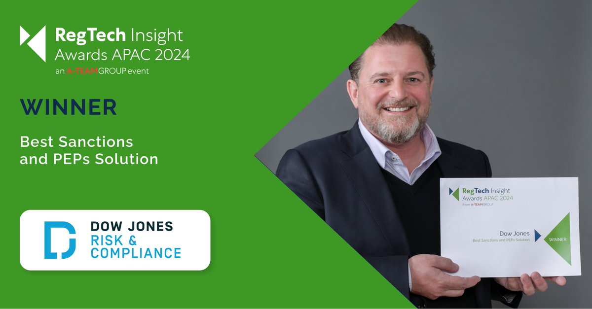 RegTechInsight's tweet image. Congratulations to @dowjones; winner of the 2024 RegTech Insight Award APAC for Best Sanctions &amp;amp; PEPs Solution!

Winners Report: a-teaminsight.com/awards/regtech…

#RTIawards regtech #sanctions #PEPs
