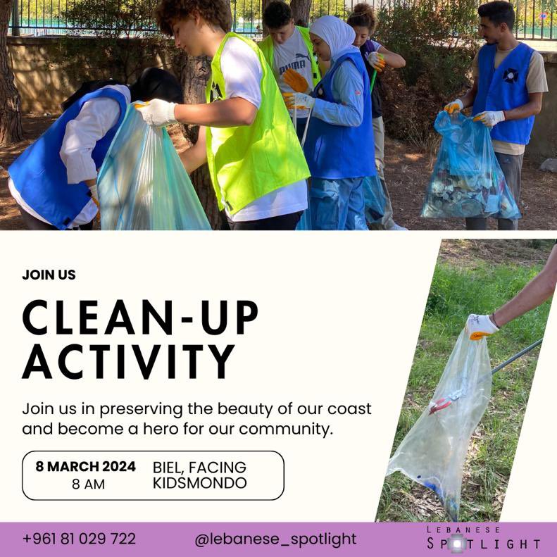 Join us this Friday, March 8th, at 8:00 AM for a clean-up activity at Biel, facing Kids Mondo! ⁣
Your help can truly make a difference. ♻️🌎⁣

Reach out at 81 029 722 to join in! ⁣
⁣
#lebanesespotlight #lslers #lslyouth #communityservice #volunteeropportunities #cleanupcrew