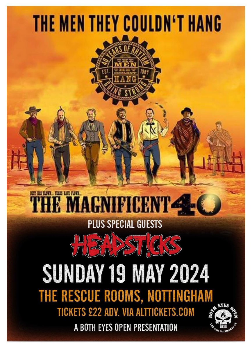 THE MEN THEY COULDN’T HANG play Nottingham Rescue Room Sunday 19th May. DOORS 5PM. EXPECTED FINISH 9PM. Special guests HEADSTICKS. alttickets.com/the-men-they-c…