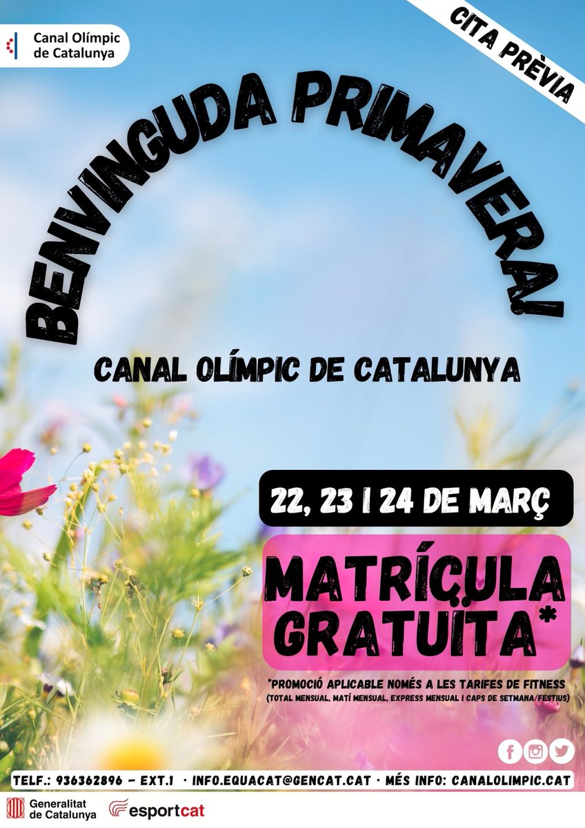 Benvinguda primavera! 🌷 • Els dies 📅 22, 23 i 24 de #març, donem la #BENVINGUDA a la #PRIMAVERA, i per celebrar-ho les noves ALTES de FITNESS guadiran de MATRÍCULA GRATUÏTA! • Més informació i #CITA #PRÈVIA 📲936362896 - Ext.1 o 💻 info.equacat@gencat.cat • #canalolimpiccat