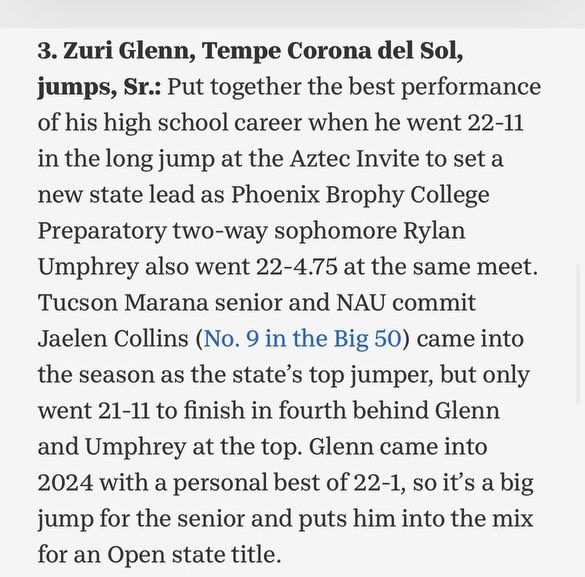 Thank you @azcentral for listing me #3 top AZ HS Track & Field performer for week 2. More work to put in and more inches to jump forward. @IchabodXCTF @IchabodFTBL @Zach_Watkins @CdS_Aztecs @CdS_Aztecs @JUSTCHILLY @gridironarizona @MileSplitAZ