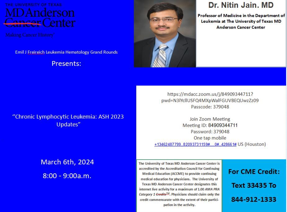 Nitin Jain (@nitinjainmd) on Twitter photo 👉👉 Please join tomorrow morning 8am Central time for Hematology Grand Rounds at MDACC on ASH updates in CLL.  Zoom link below. Passcode in second slide.  Thanks 
mdacc.zoom.us/j/84909344711?… 👉👉 Please join tomorrow morning 8am Central time for Hematology Grand Rounds at MDACC on ASH updates in CLL.  Zoom link below. Passcode in second slide.  Thanks 
mdacc.zoom.us/j/84909344711?…