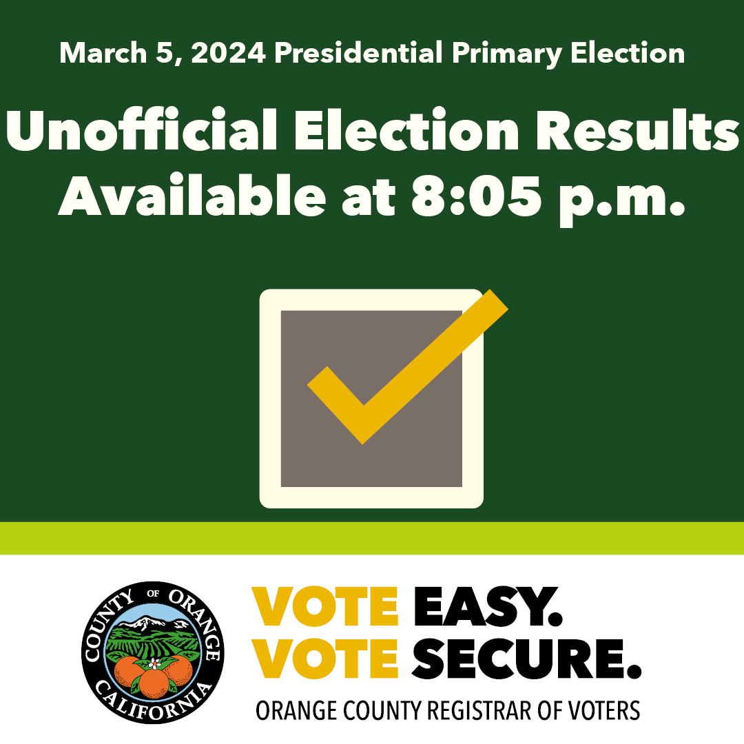 The first election results report for the 2024 Presidential Primary Election will be posted at about 8:05 p.m. today after Vote Centers close. To monitor election results, please visit ocvote.gov/results #VoteEasyVoteSecure #OCvote #OrangeCounty