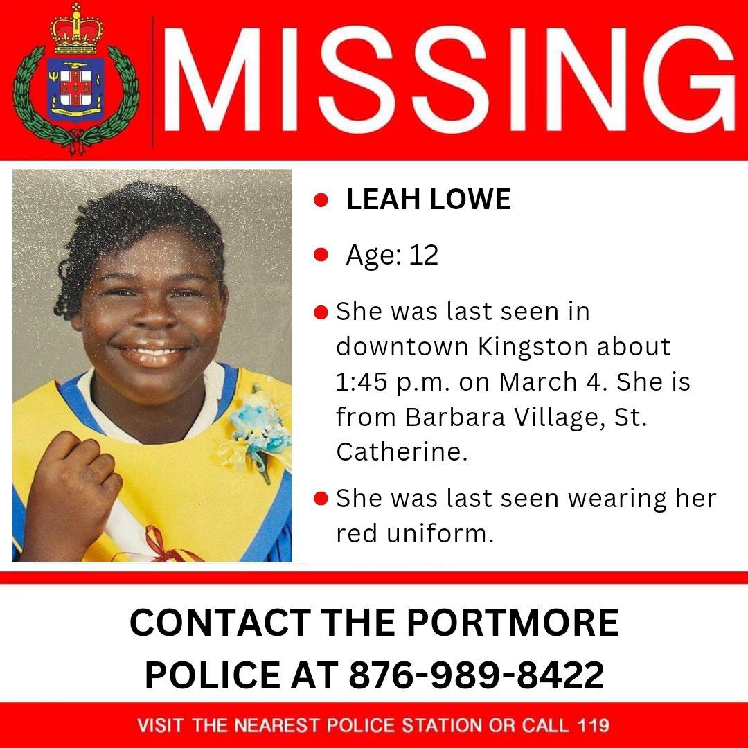 JamaicaConstab's tweet image. A High Alert has been activated for 12-year-old Leah Lowe, who has been missing since Monday, March 4. Help us find her.

#Missing