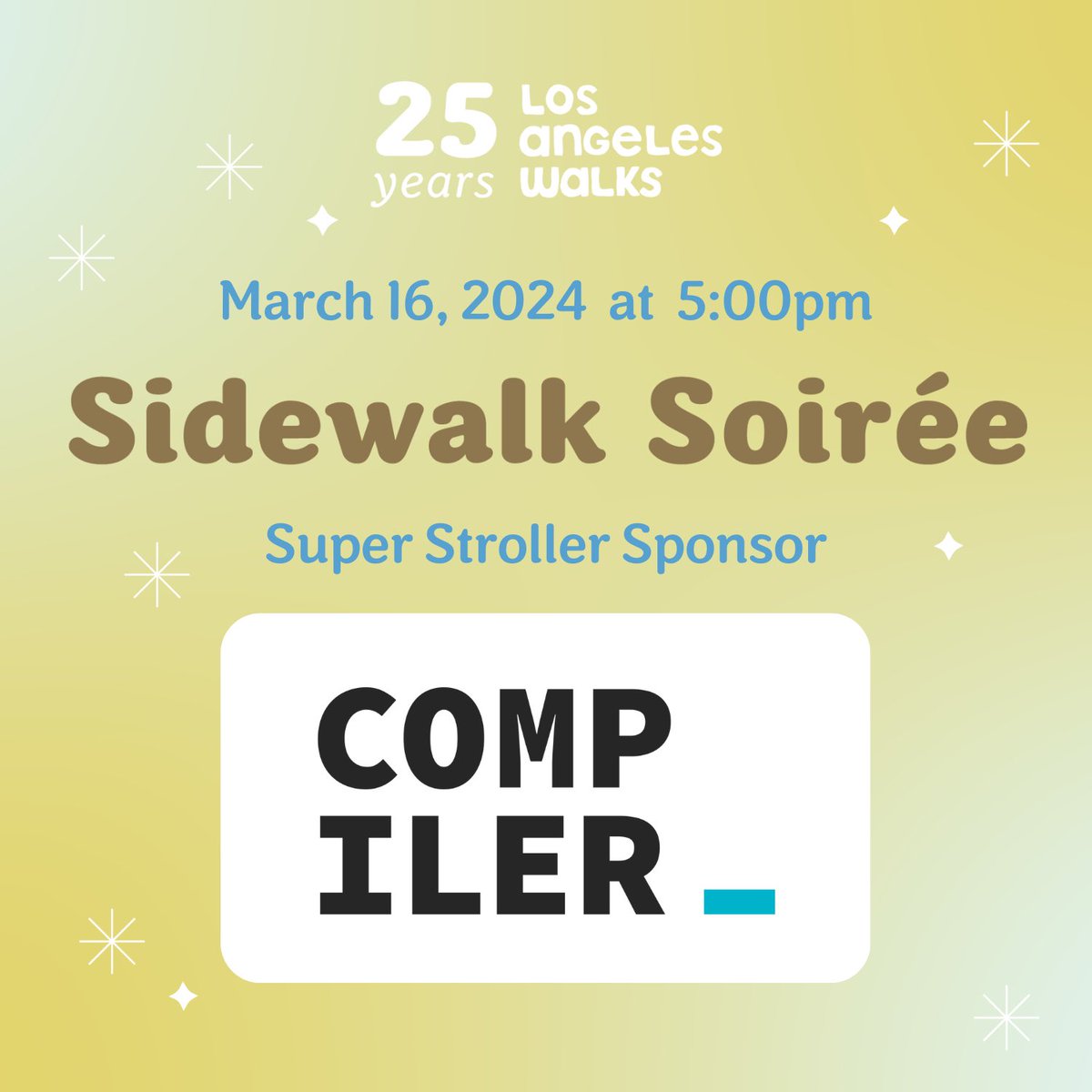 Thank you to our Super Stroller Sponsor @CompilerLA — your support makes our work possible. There’s still time to get tickets or sponsor our Sidewalk Soirée on Saturday, March 16! losangeleswalks.org/2024_sidewalk_…