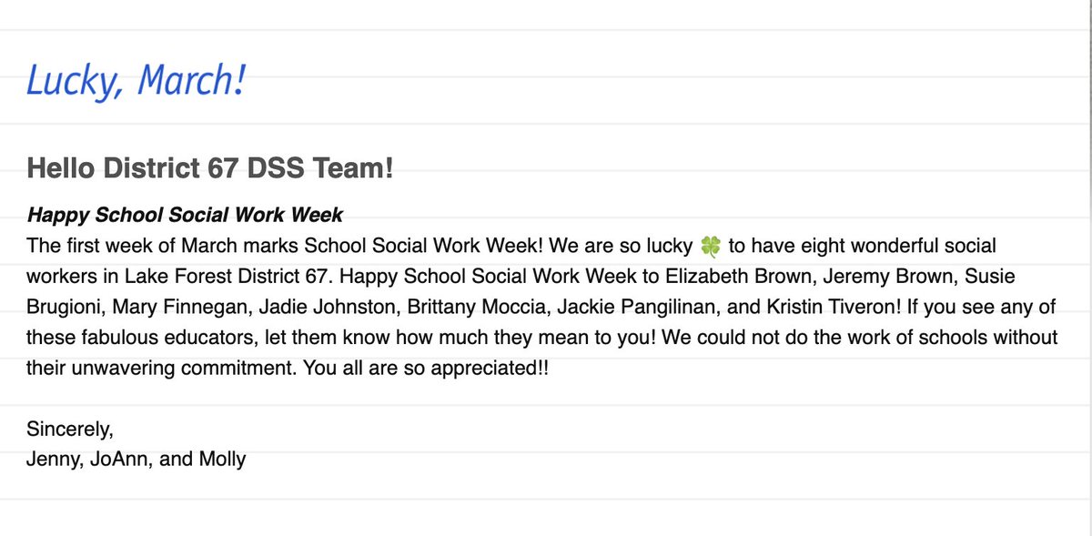 Happy Social Work Week to our amazing social workers at Lake Forest D67!!! They make a difference each and every day supporting our students. We are so lucky to work with such a caring and collaborative group of social workers. <a href="/LakeForestSD67/">Lake Forest School District 67</a>