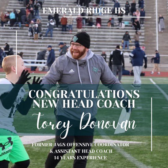 JAG NATION!! WE GOT OUR GUY!!! Please welcome, Coach Torey Donovan as the new Head football coach at Emerald Ridge! Coach Donovan has been on staff at ER for the past 14 years and served as the Assistant head coach/Offensive coordinator for the past 2 years🐆<a href="/ToreyDonovan50/">Torey Donovan</a>